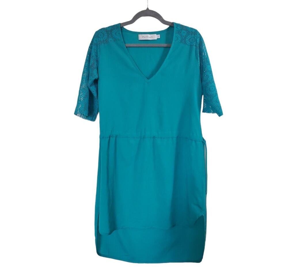 T-Bags Los Angeles Crochet Green Teal Shift Tie-Waist Mini Dress, Size Small